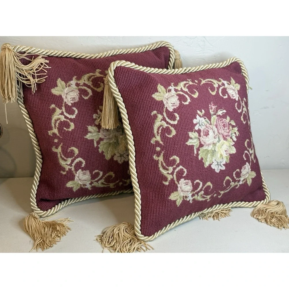 Vintage Pair Of Rose Bouquet Fringed Elegant Needlepoint Pillows 11